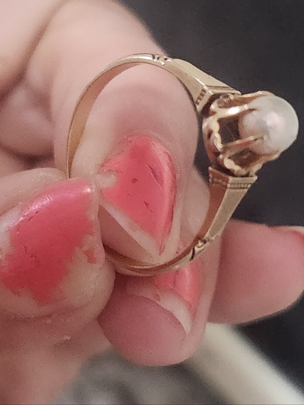 Antique 14k ylw gold Edwardian 6-prong buttercup setting natural pearl ring - Picture 13 of 16